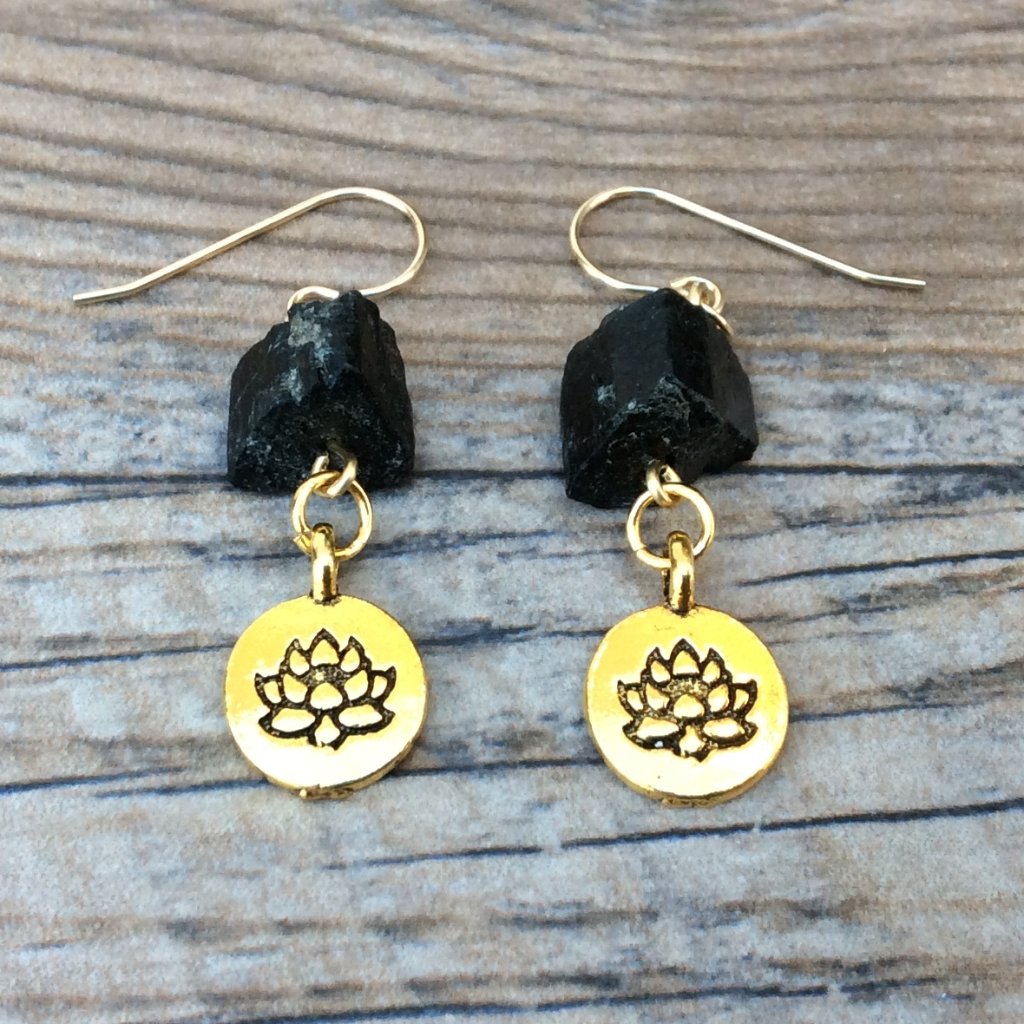 Raw Black Tourmaline Earrings, Lotus Charm Earrings , Healing Jewelry